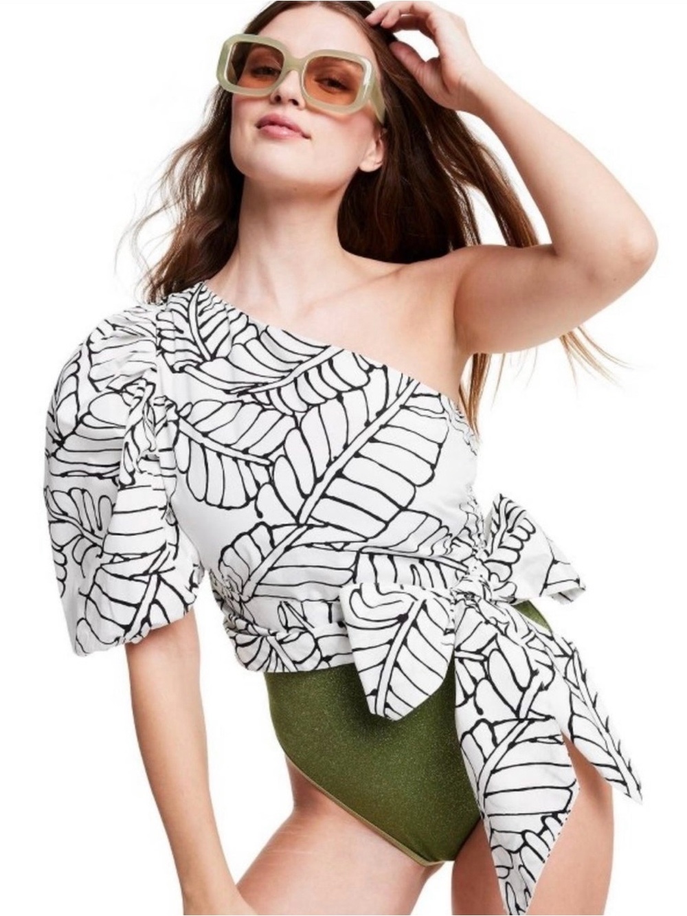 One-Shoulder Leaf-Print Tie-Waist Camisole in White & Black